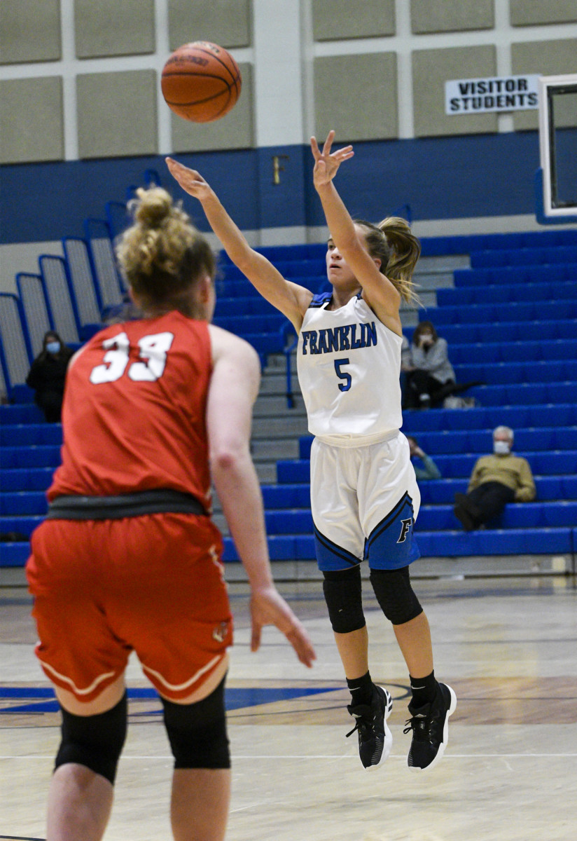 Franklin freshman Lauren Klem shoots a 3-pointer during Franklins 30-29 victory over Center Grove on Tuesday at Franklin Community High School.