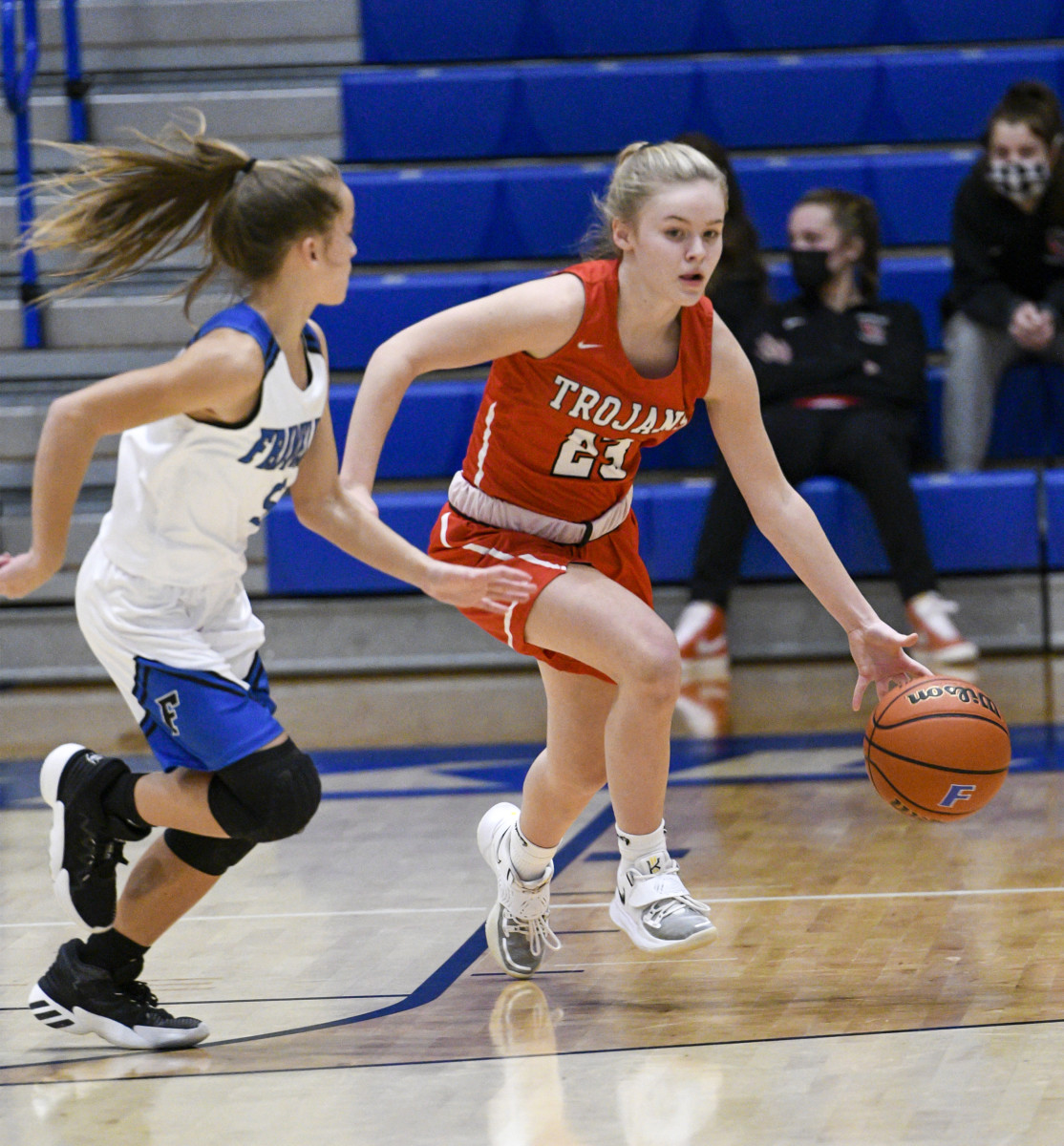 Center Grove sophomore Ella Hobson brings the basketball up up court around Franklin freshman Lauren Klem during Center Grove’s 29-30 loss at Franklin Community High School.