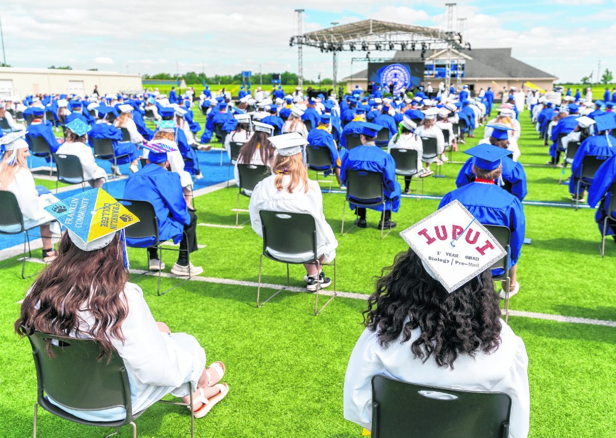 Some Franklin Community High School graduates decorated their mortar boards on Saturday dueing their commencement ceremony.  Scott Roberson | Daily Journal