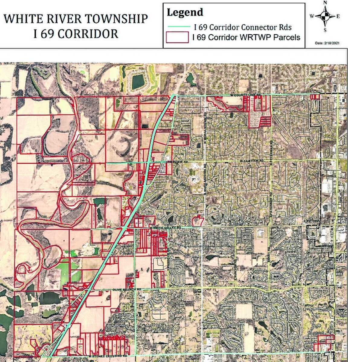 A map of the parcels included in the county’s Interstate 69 Corridor TIF district. Properties in red would be included in the district, which the Johnson County Redevelopment Commission and Johnson County Board of Commissioners approved Monday night. Submitted
